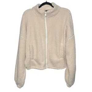Express‎ Full Zip Teddy Sherpa Fleece Jacket Cream Size M Boxy Oversized